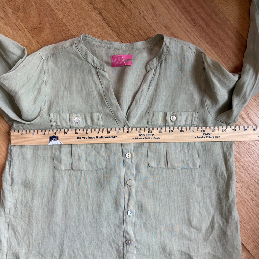 Isaac Mizrahi Womens Linen Roll Tab Relaxed Shirt Green Size M Coastal Summer - Picture 7 of 10